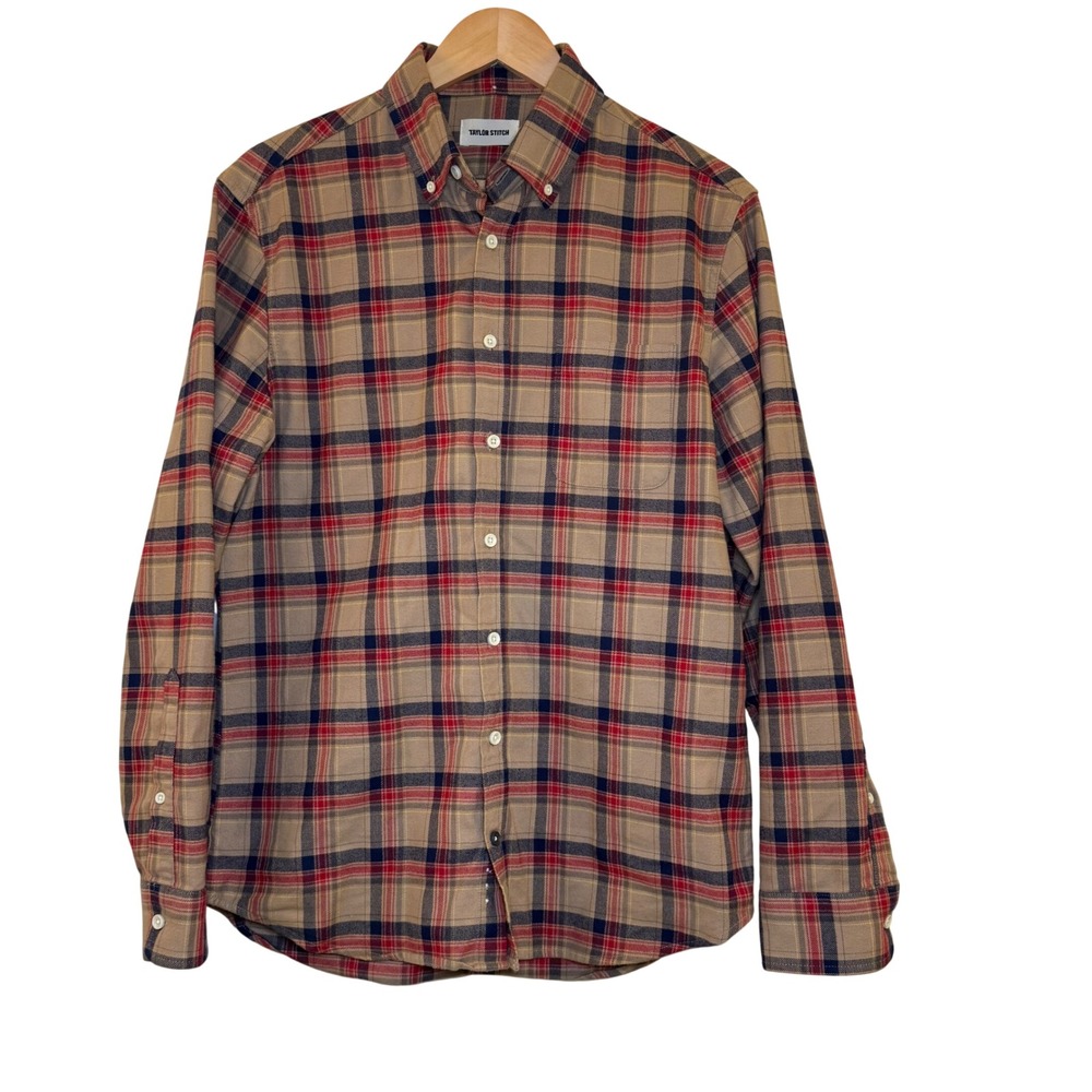 TAYLOR STITCH Mens Plaid Button Down Shirt Tan Red Blue Long Sleeve Size‎ 40